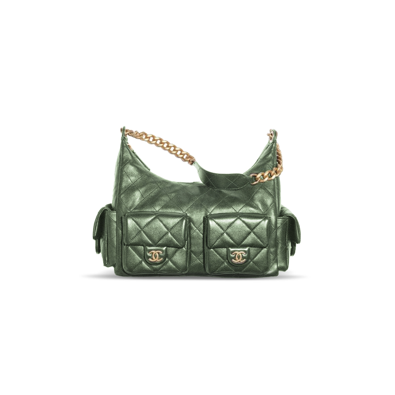 CHANEL HOBO BAG SHINY LAMBSKIN GOLD-TONE METAL GREEN AS5302 (35*27*18cm)